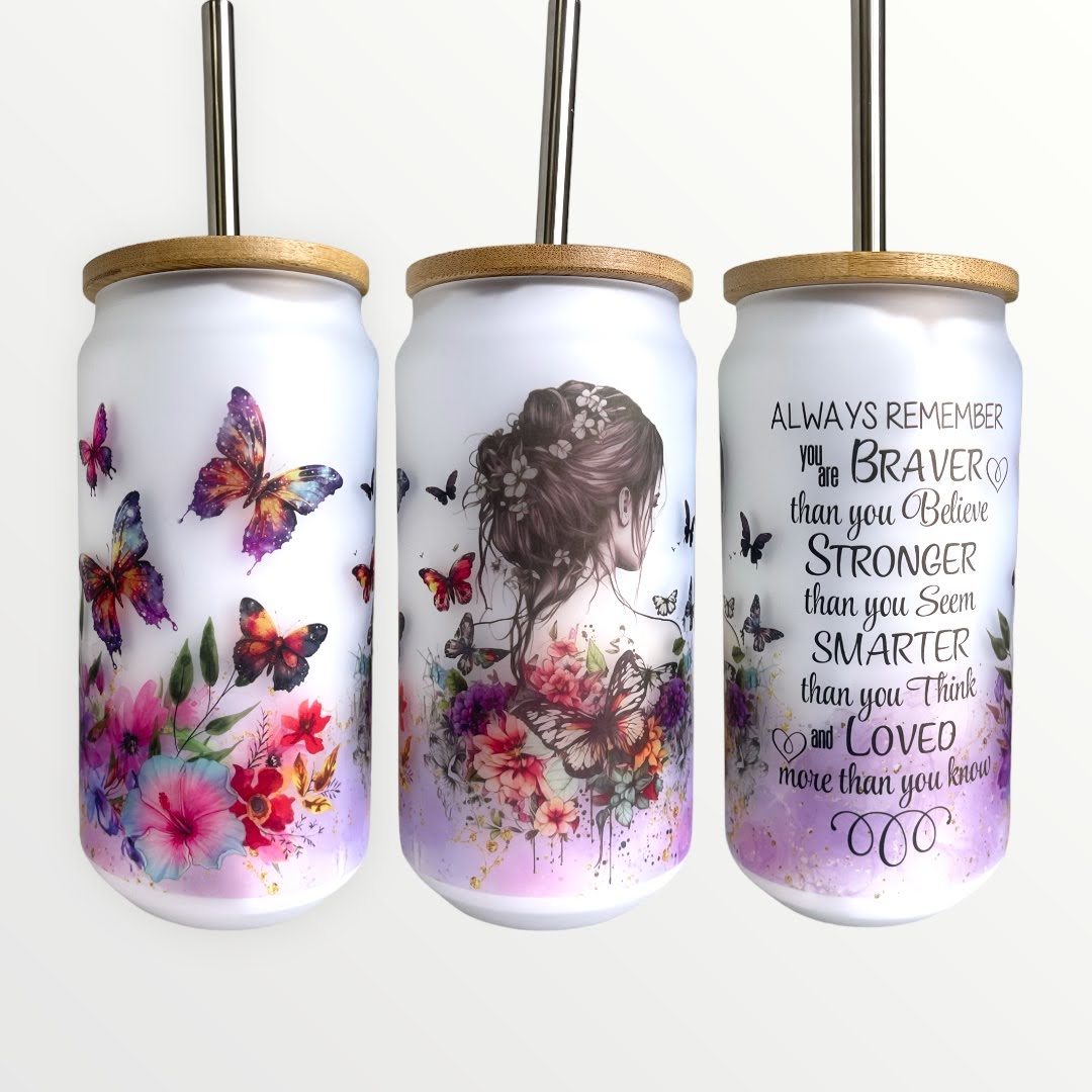 BRAVER STRONGER SMARTER LOVED 18oz Frosted Glass Tumbler With Bamboo Lid Optional Personalisation