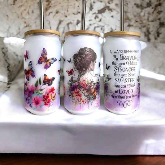 BRAVER STRONGER SMARTER LOVED 18oz Frosted Glass Tumbler With Bamboo Lid Optional Personalisation